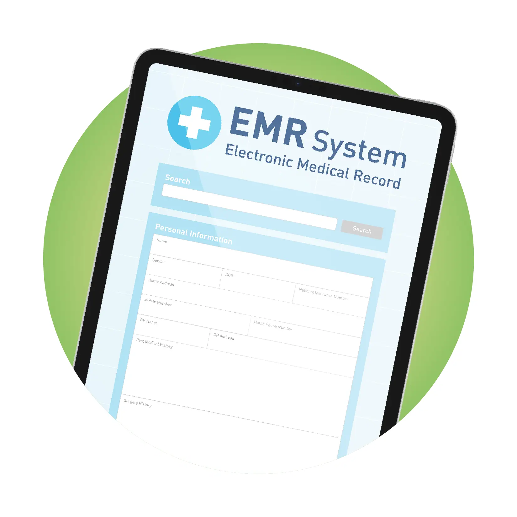 Tablet showing an electronic medical record interface from the Gateway Dashboard, enhancing patient data accessibility.