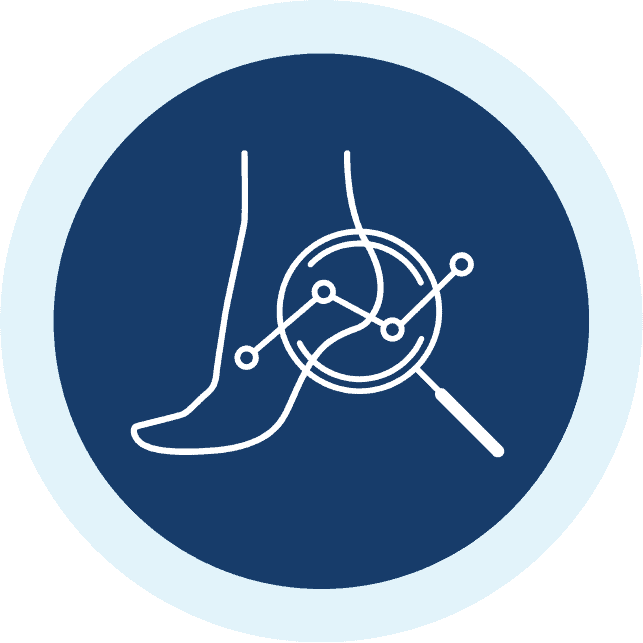Icon depicting a magnifying glass focusing on the anatomy of a human foot, symbolizing the detection of sub-epidermal moisture to identify pressure injury risks.